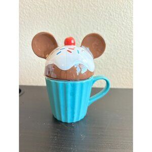 Disney Mickey Mouse Cupcake Ears Blue Coffee Tea Mug with Lid Topper NWT
